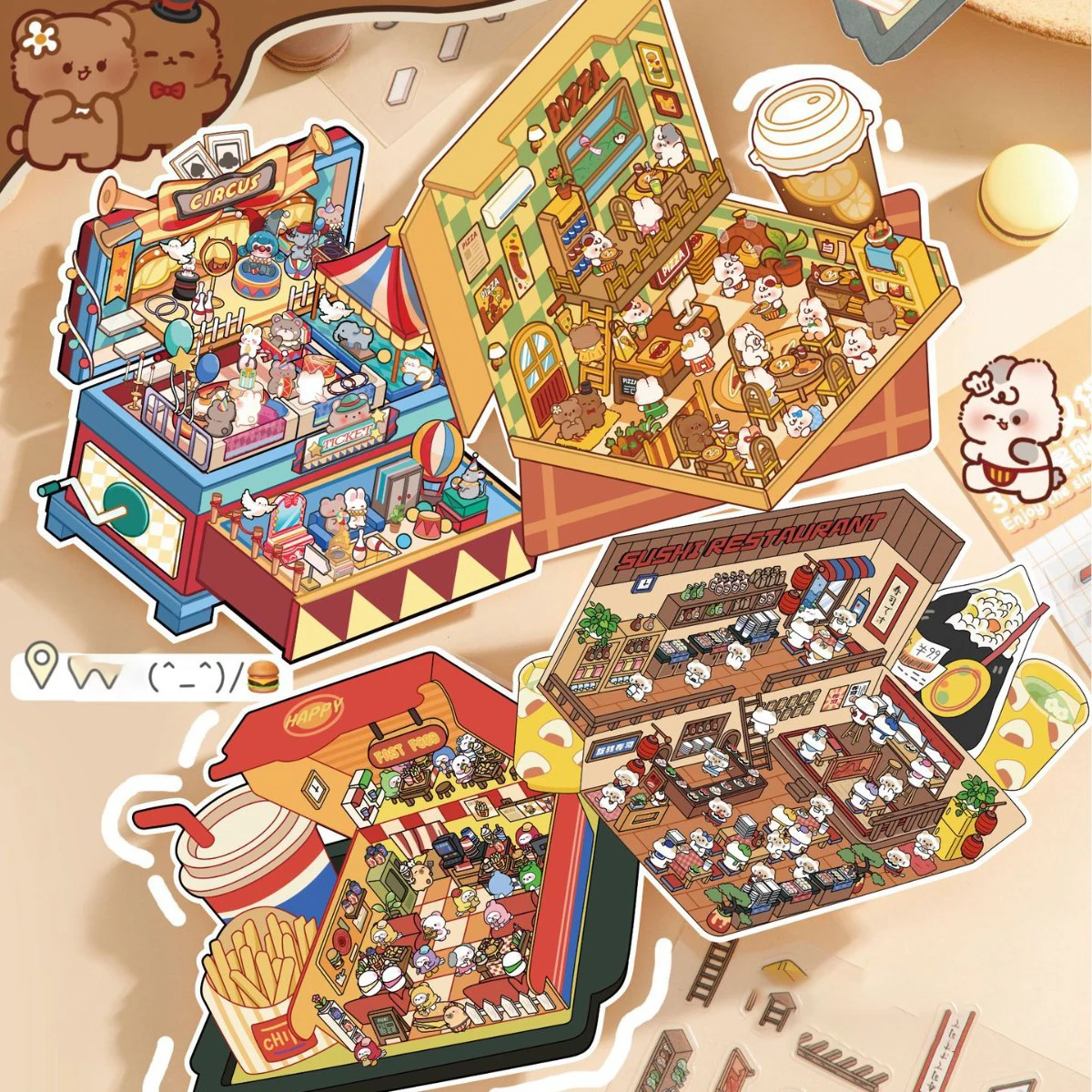 New 3d Food And Play Landscape Stickers Cute Student Handbooks Material Scenes Stickers Miniature 3d House Decoration