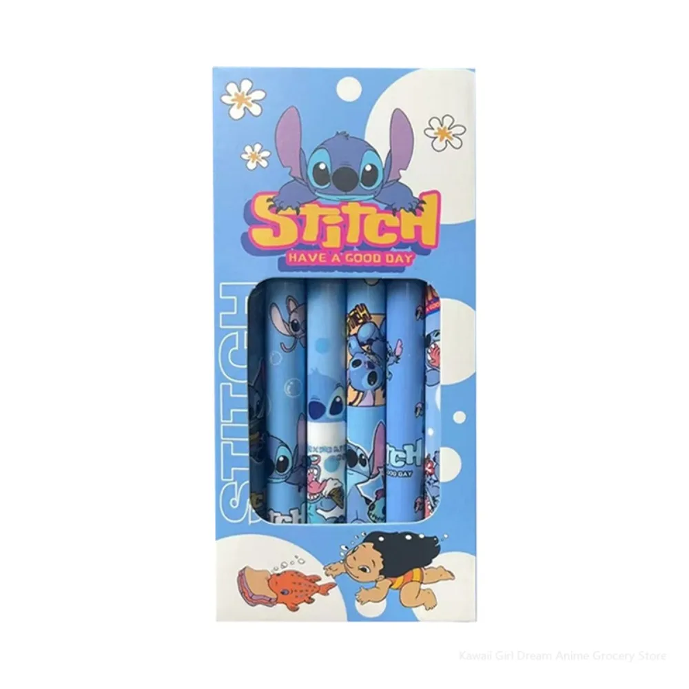 Disney Stitch 6Pcs Needle Type Gel Pens Straight Liquid Ballpoint Pen Stationery School Office Supplies Writing