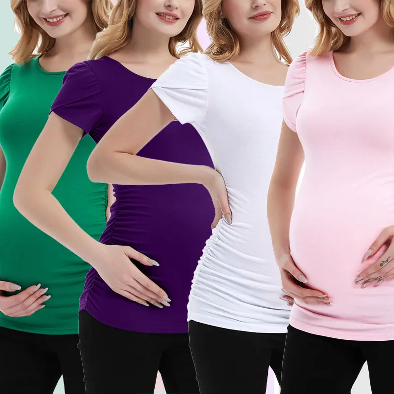 Maternity T-Shirt Summer Short Petal Sleeve T Shirt Ruched Side Pregnancy Clothes Women Tunic Tops Casual Basic Tees 6