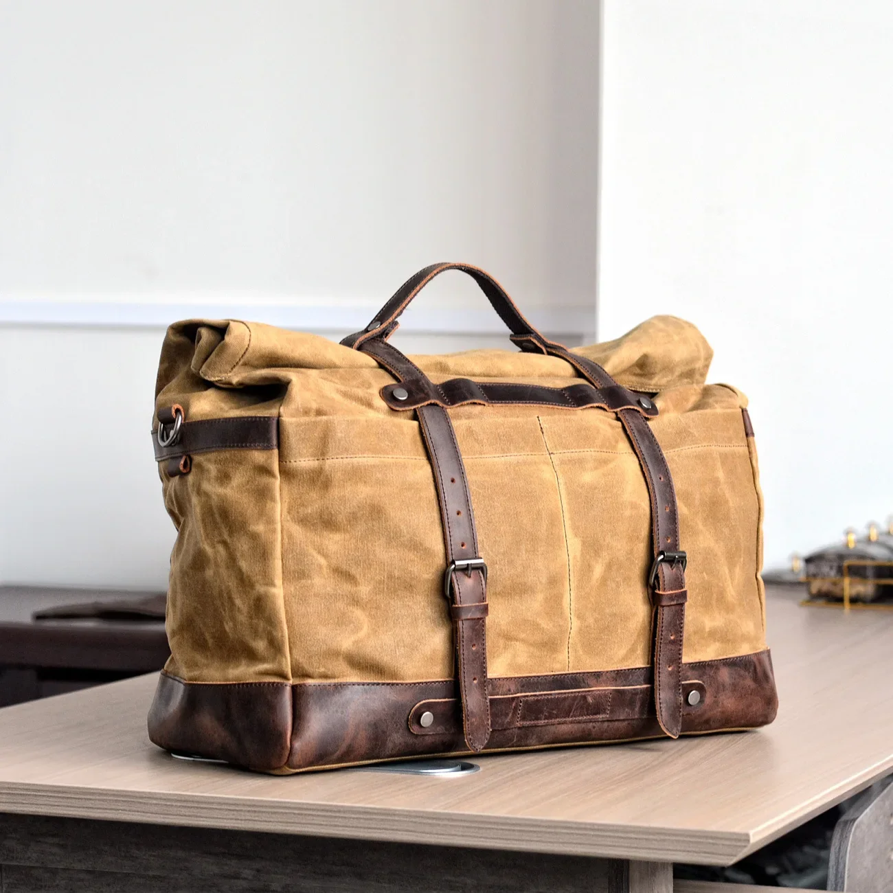 Waterproof Waxed Canvas Travel Bag with Cowhide for Men