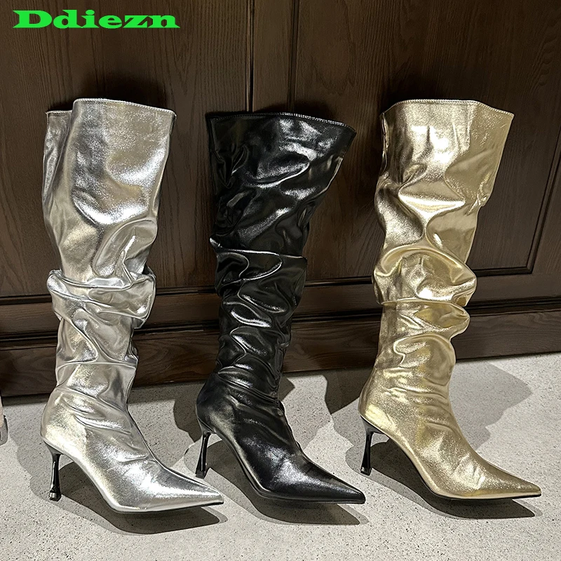 

Thin Heels Footwear Women Chelsea Long Boots With Fashion Female Pointed Toe Ladies Knee High Modern Boots Pleated Shoes