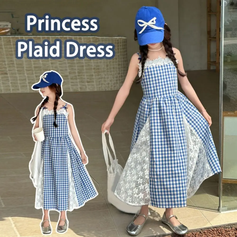 Elegant Plaid Girl Princess Dress Loose Sweet Teens Sling Dress Skirt Lace Mesh Children Sleeveless Dresses