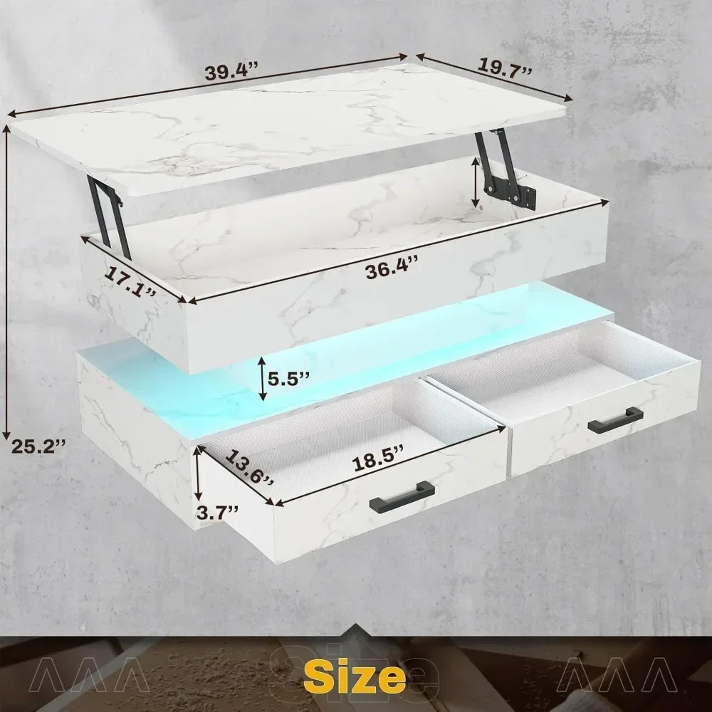 40" Lift Top Coffee Table, Coffee Tables with Storage for Living Room, Small Coffee Table with 2 Fabric Drawers & LED Lig 2