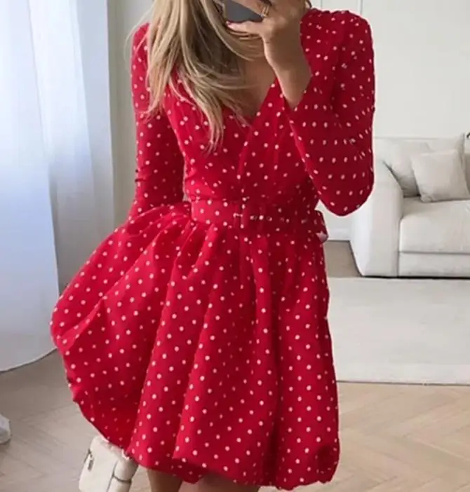 Autumn women's temperament black wave dot long sleeve dress main image 1