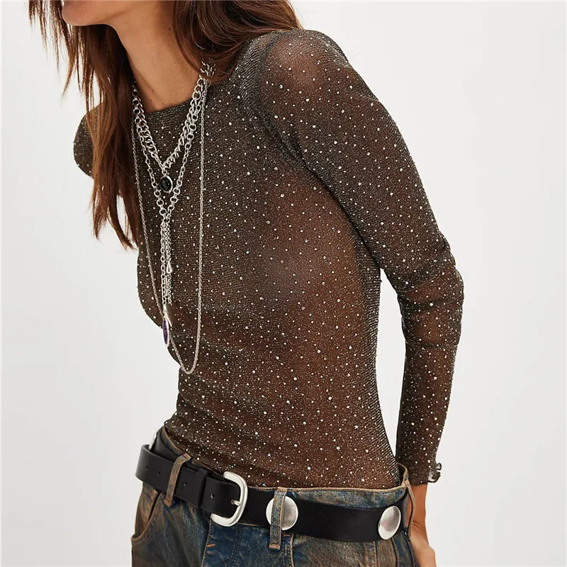 hirigin Women Rhinestone Mesh Sheer Tops Slim Fit Bling See Through Long Sleeve Lettuce Trim Shirts Spring Summer Party Cover Up 2