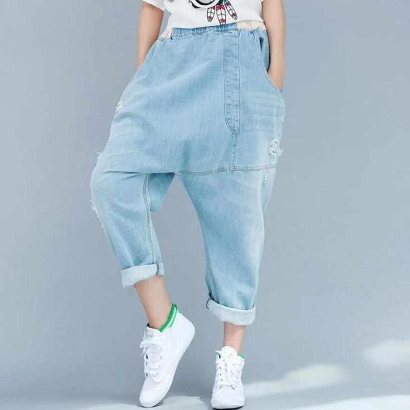 #0101 Spring Cross-jeans Women Vintage Harem Boyfriend Jeans Female Wide Leg Jeans Elastic Waist Distressed Denim Jeans Ladies