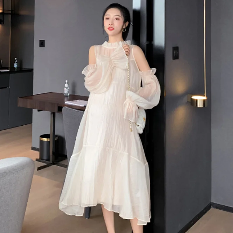 Spring Summer Pregnant Women Dress Suits Sweet Ruffled Collar Shoulderless Maternity Chiffon Party Dresses Beach Clothes