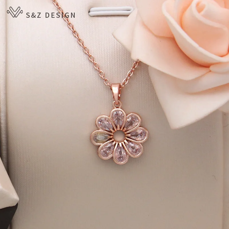 S&Z DESIGN New Fashion Elegant 585 Rose Gold Color Flowers Cubic Zirconia Pendant Necklace For Women Romantic Jewelry Gift