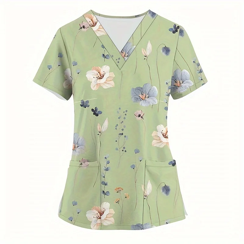 

Surgical Uniforms Woman Fashion Floral Print Surgical Uniforms V-Neck Short Sleeve Women's Surgical Scrubs Dental Medical Clothe