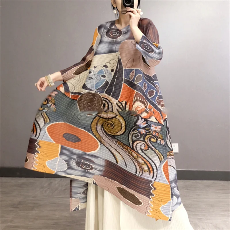 

Woman Classic Multicolor Print Splid Side Full Sleeve Wild Loose Dresses Casual New Summer Fashion