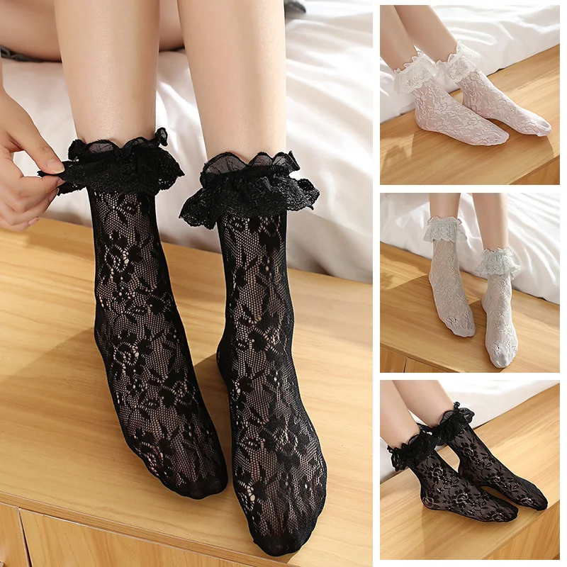

1pcs Japanese Style Lace Mesh Fishnet Stockings Women's Korean-Style Mid-Calf Cute Harajuku Frilly Ruffle Lolita Socks Fashion