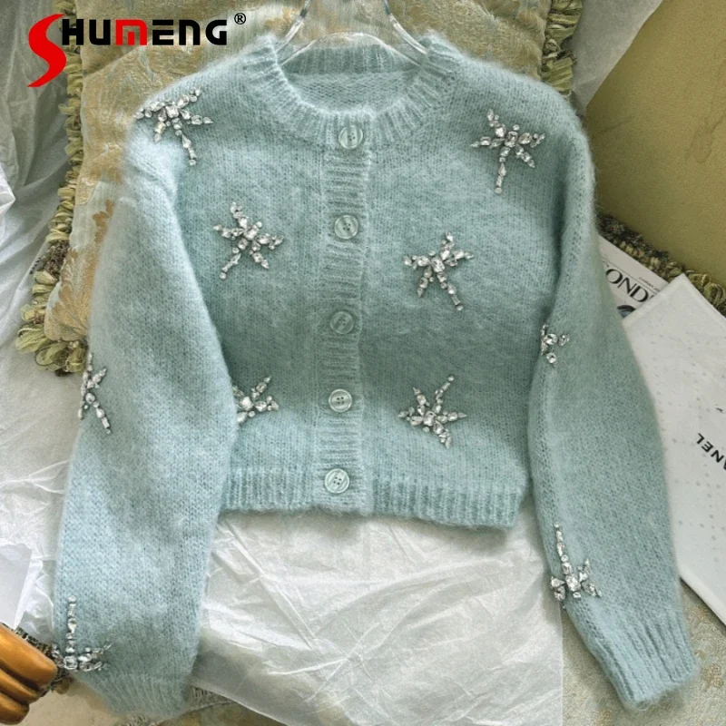 

2023 New Sweater Heavy Industry Rhinestone Embroidery Short Furry Mohair Knitted Cardigan Coat Sweaters Y2k Top Streetwear Women