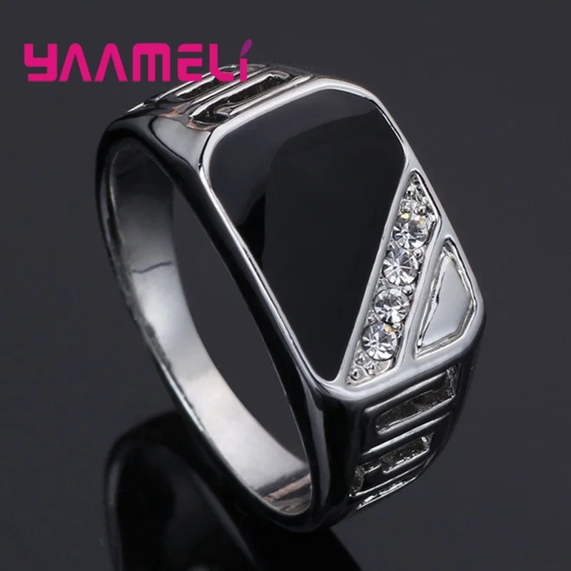 Classic Male Wide Band Ring 925 Sterling Silver Plated White Black Rhinestone Square Statement Hip Hop Jewelry silver rings silver ring silver plated ring