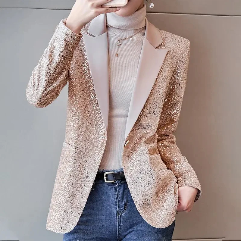 

New Upscale Womens Sequined Suit Jackets Celebrity Style Coat Spring Autumn Fashion Outerwear Female Casual Blazer Trench Coats