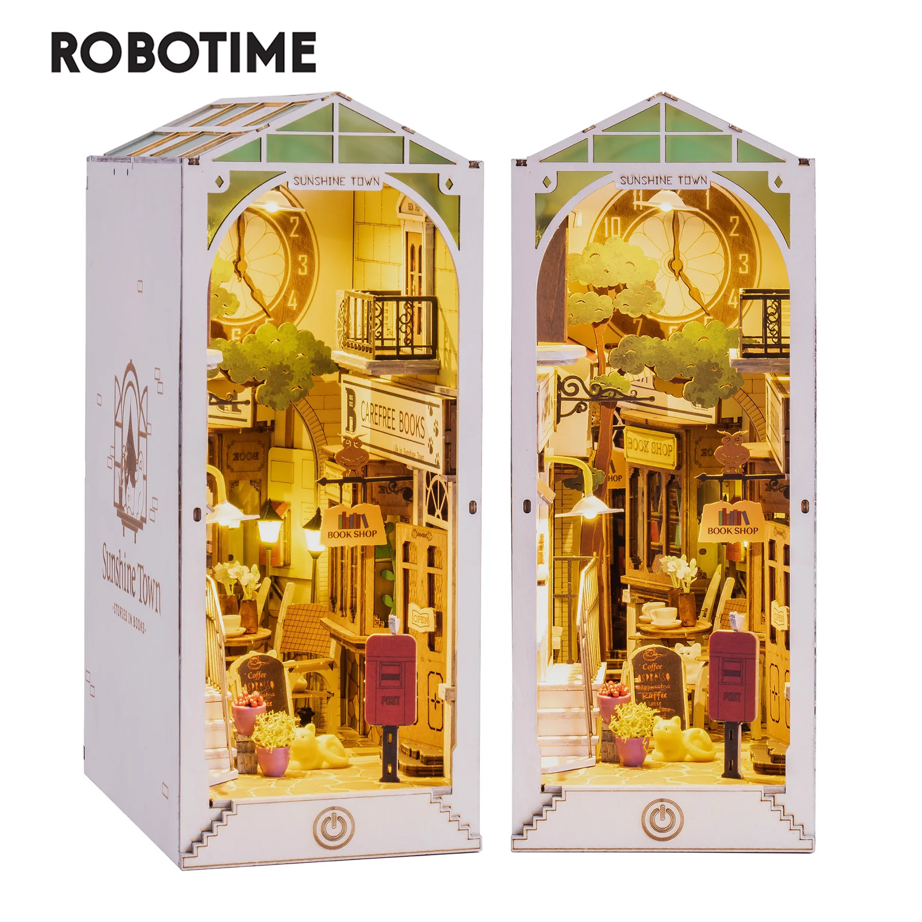 Robotime Rolife Puzzle In Legno Sunshine Town Diy Dollhouse Book Nook Con Luce A Led Per Inserto Per Libreria Decor - Tgb02