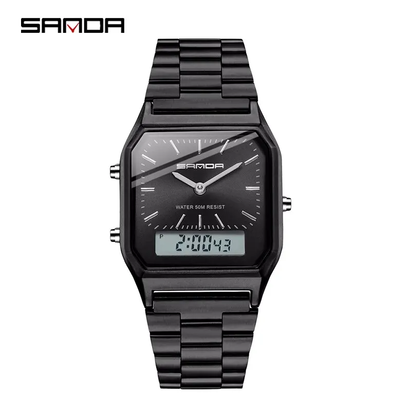 Men's Digital Analog Sports Watch Waterproof Dual Display Alarm Stainless Steel 
