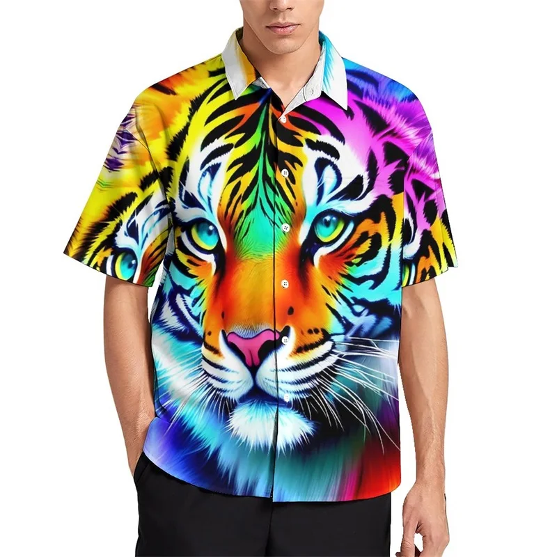 thumbnail image 1 of Camisa informal con estampado de rayas de piel de tigre para hombre, camisa hawaiana de vacaciones de manga corta, camiseta de gran tamaño para hombre, blusas, ropa, 1 of 4