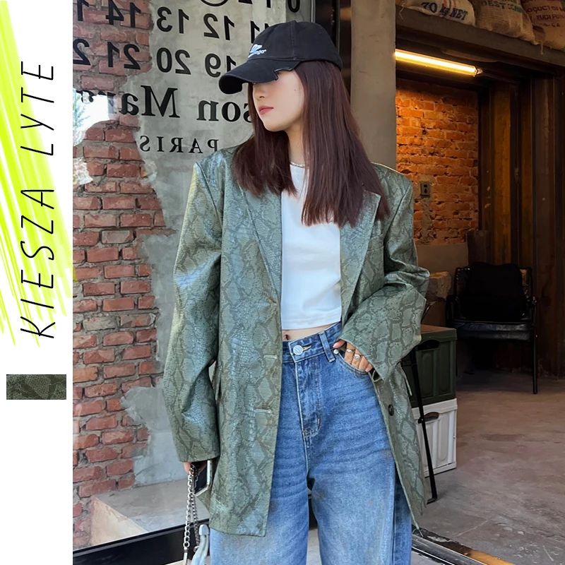 

Women's Suit PU Leather Jacket 2023 Autumn Winter Military Green Python Printed Oversize Blazer Outwear
