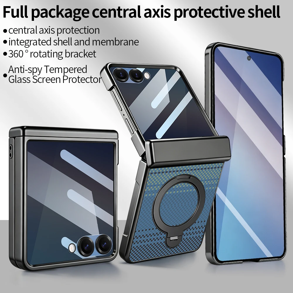 Premium Carbon Fiber Phone Case with 360° Rotating Stand and Privacy Glass Screen Protector