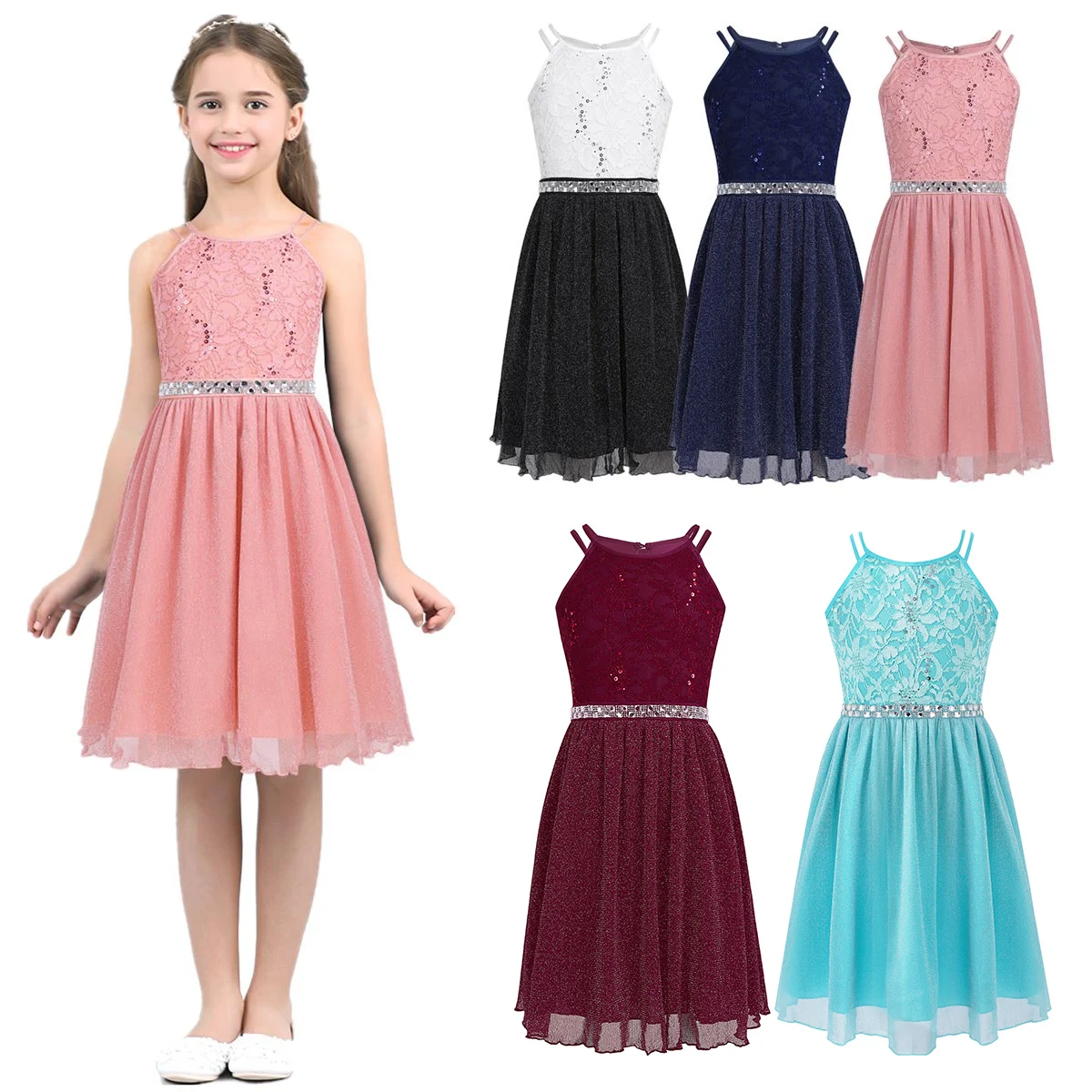Girls Dress Teen Girls Sleeveless Sequined Floral Lace Shiny Dress Vestido de festa Wedding Formal Birthday Party Summer