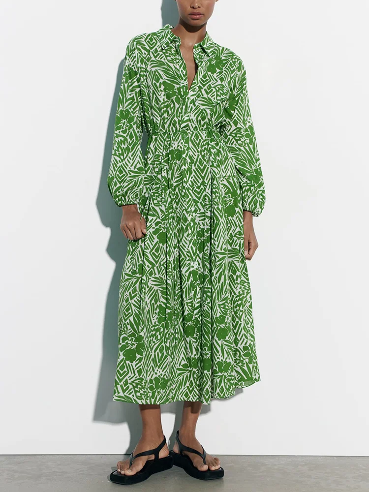 

Весенняя одежда, женское элегантное платье-рубашка с длинным рукавом и винтажным принтом, женский воротник с лацканами, пуговицы на талии, галстук-пояс, миди-платья