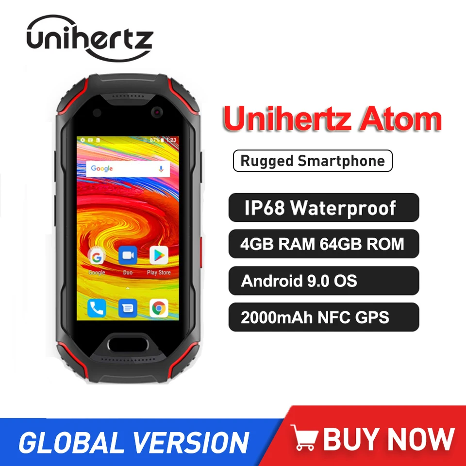 Unihertz Atom 4G Rugged Waterproof Smartphone Android 9.0 Octa Core 4GB RAM  64GB ROM 2.45 Inch unlocked Mobile Phone 2000mAh NFC