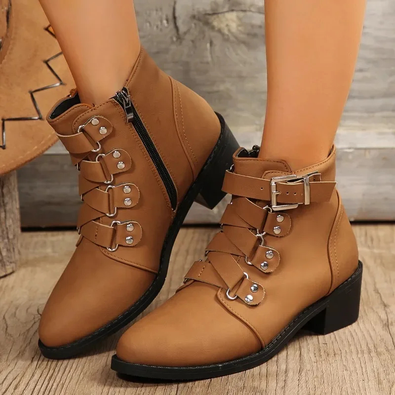 2023 NEW Chunky Heel Pointed Toe Short Leather Boots Women Zipper Buckle Medium Heels Knight Boot Women's Footwear Large Size 43