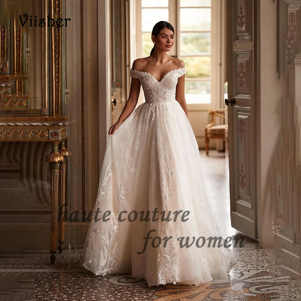 

Luxury Lace Appliques Wedding Dresses Off Shoulder V Neck Tulle A Line Bridal Gowns with Train Long Princess Bride Dress