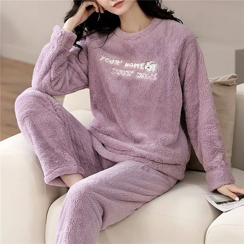 Warm Flannel Pajamas Set For Women Thick Coral Velvet Long Sleeve Pyjamas Sets Nightgown Pijama