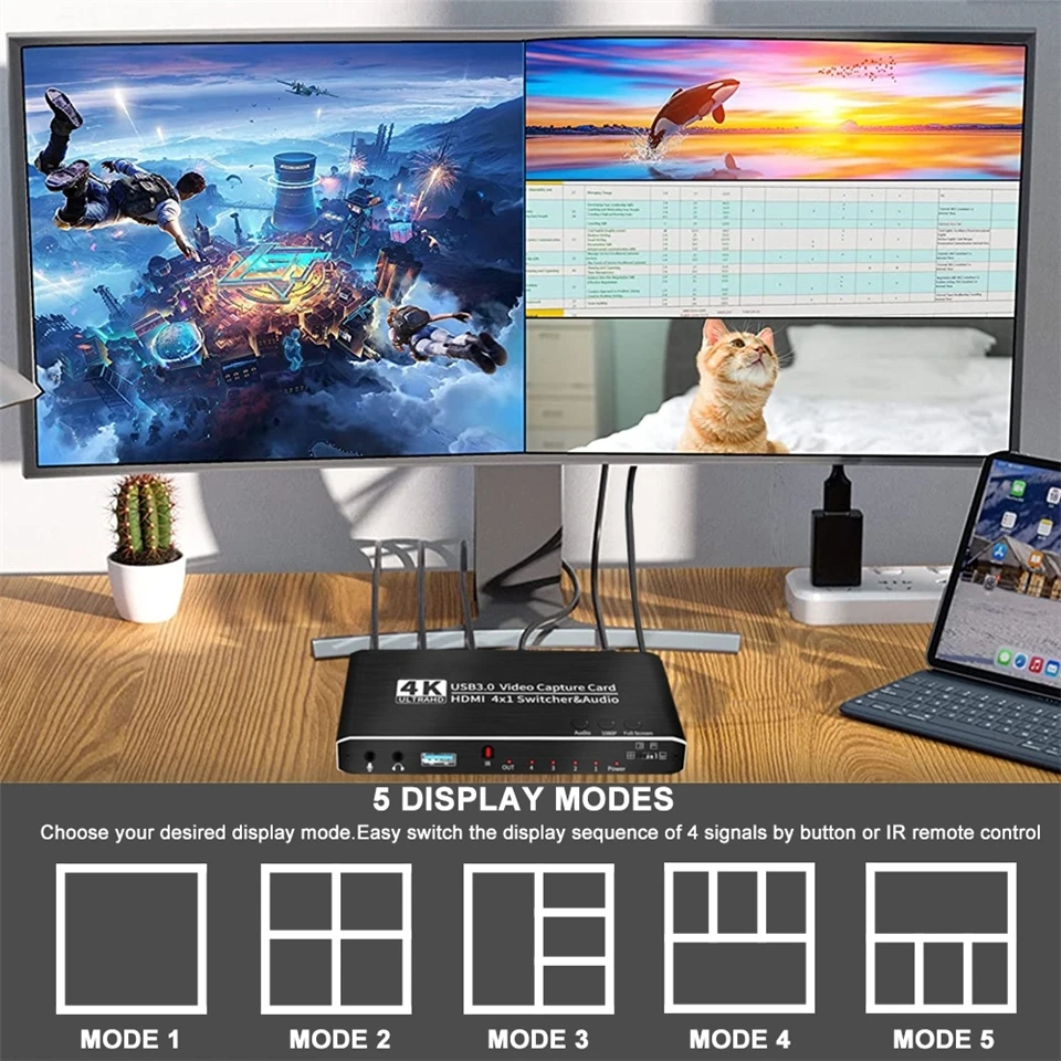 in out Quad Screen cutting HDMI Video Capture Card Channel