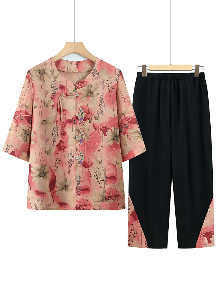 여름 엄마 패셔너블 스타일 작은 사이즈 셔츠 노인 여성 의류 티셔츠 와이드 레이디 할머니 옷 투피스 세트 캐주얼 루즈핏 자수 나인피스 바지 폴리에스터 섬유 오픈 가디건 얇은 모델 중국산