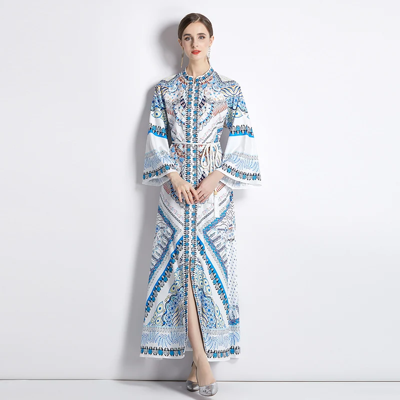 

2023 New Fashion Silk Printed Dress Women's Summer Vintage Round Neck Long Sleeve Loose Fit Casual Holiday Dress Vestidos