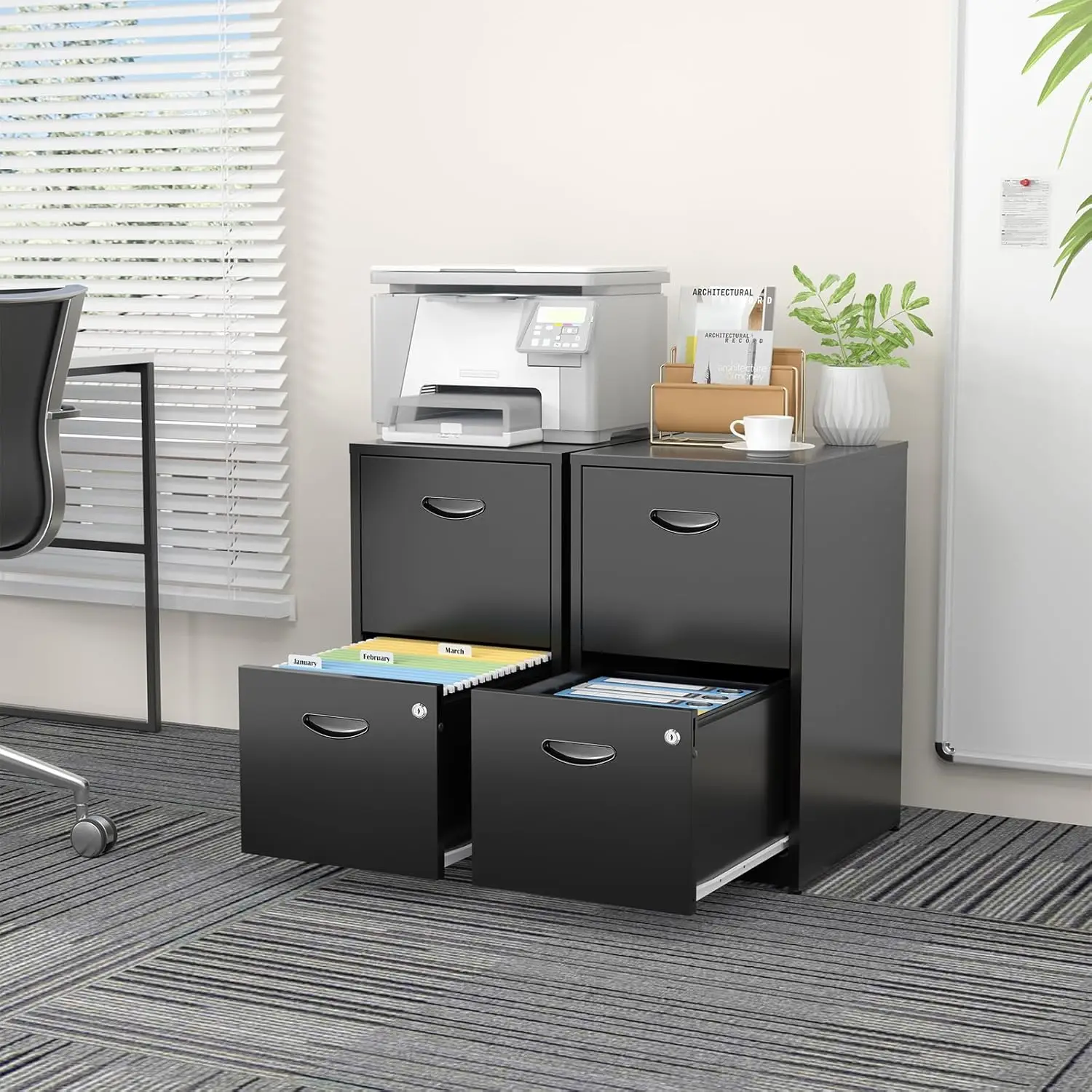 2 Drawer File Cabinets,Metal Office File Cabinet with Lock,Black Filing Cabinets for Home Office,Vertical Modern File Cabinet
