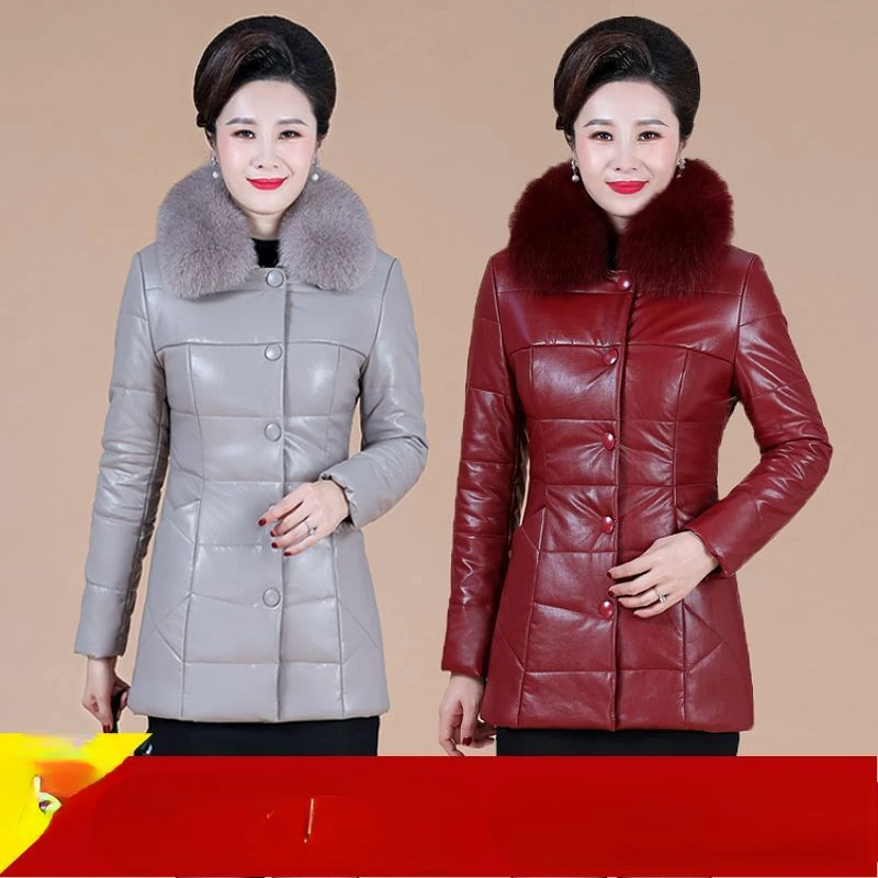 

Cotton PU Leather Jacket Women's 2023 Winter New Loose Coat Thicken Snow Solid Parkas Warm Female Long Leather Overcoat R142