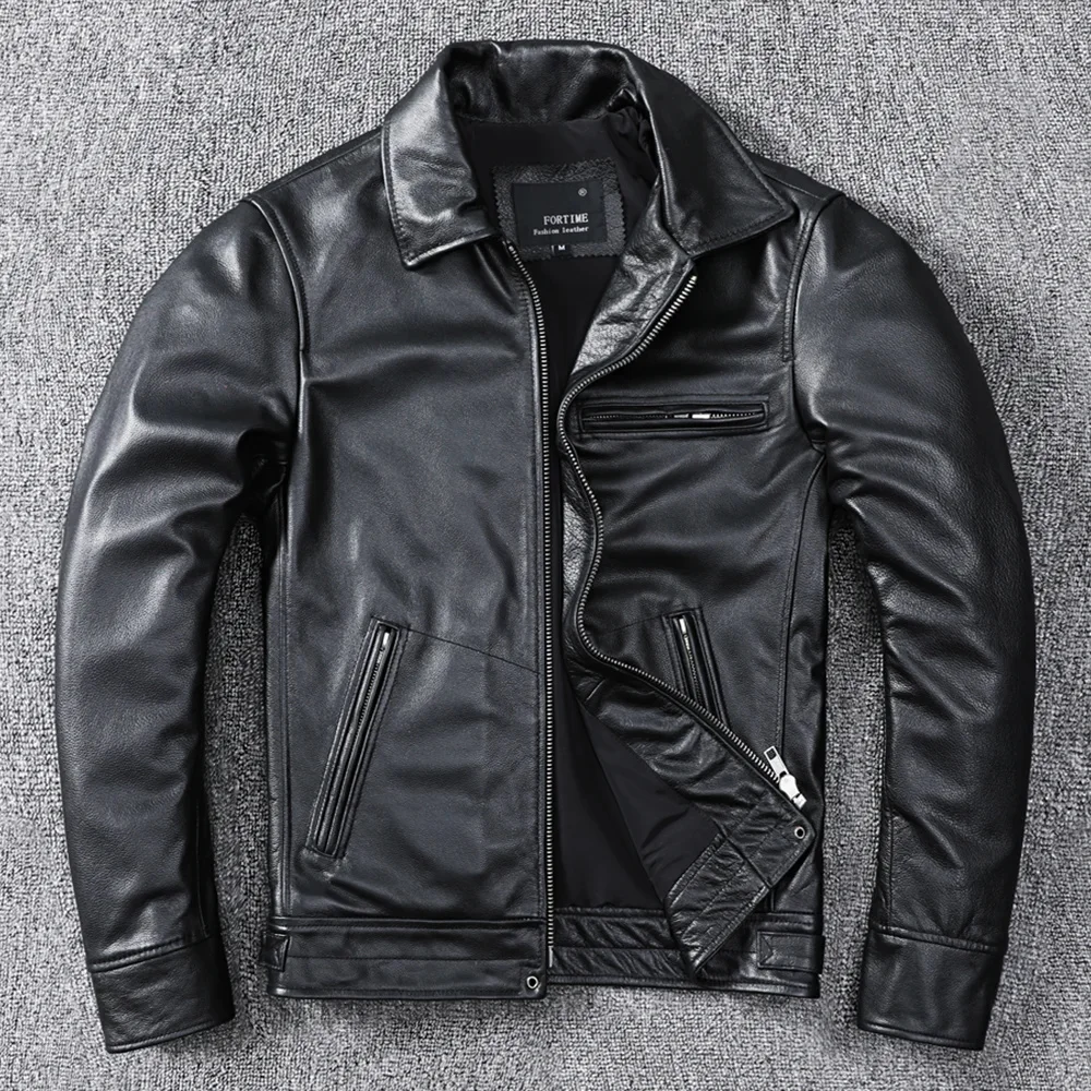 

Free shipping.black classic casual leather jacket.mens quality cowhide coat.plus size soft biker slim clothes.