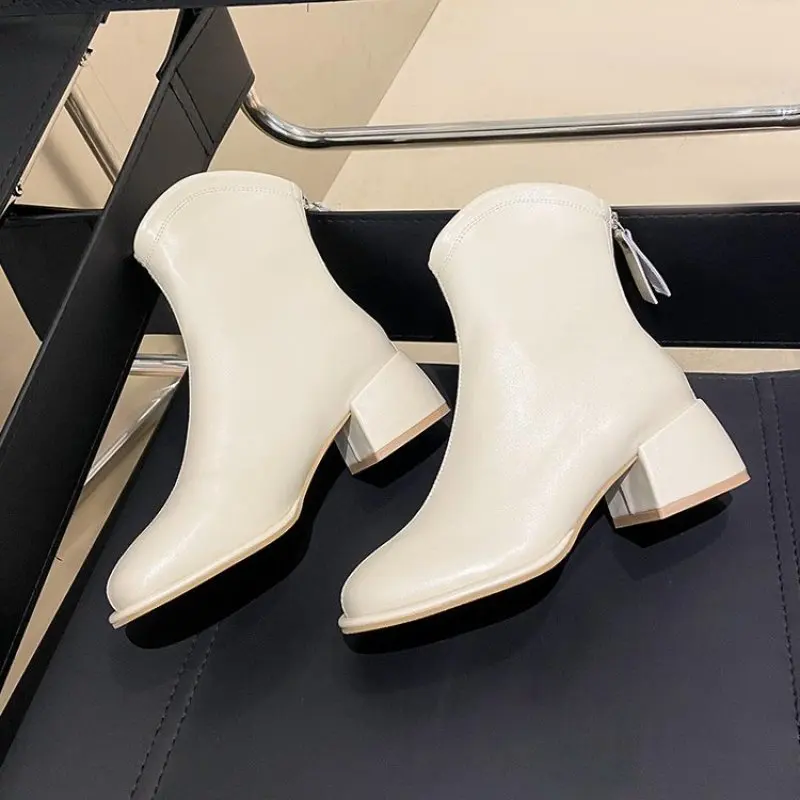 Autumn Women's Short Leather Boots High Heels Spring Woman White Shoes Pointed Thick Heel Women Dress Short Ankle Boot Plus Size