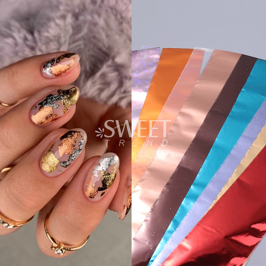 10 Roll/Box Metallic Mirror Nail Foils Holographic Gold Silver Champagne Transfer Stickers DIY Charm Starry Paper Manicure Decor