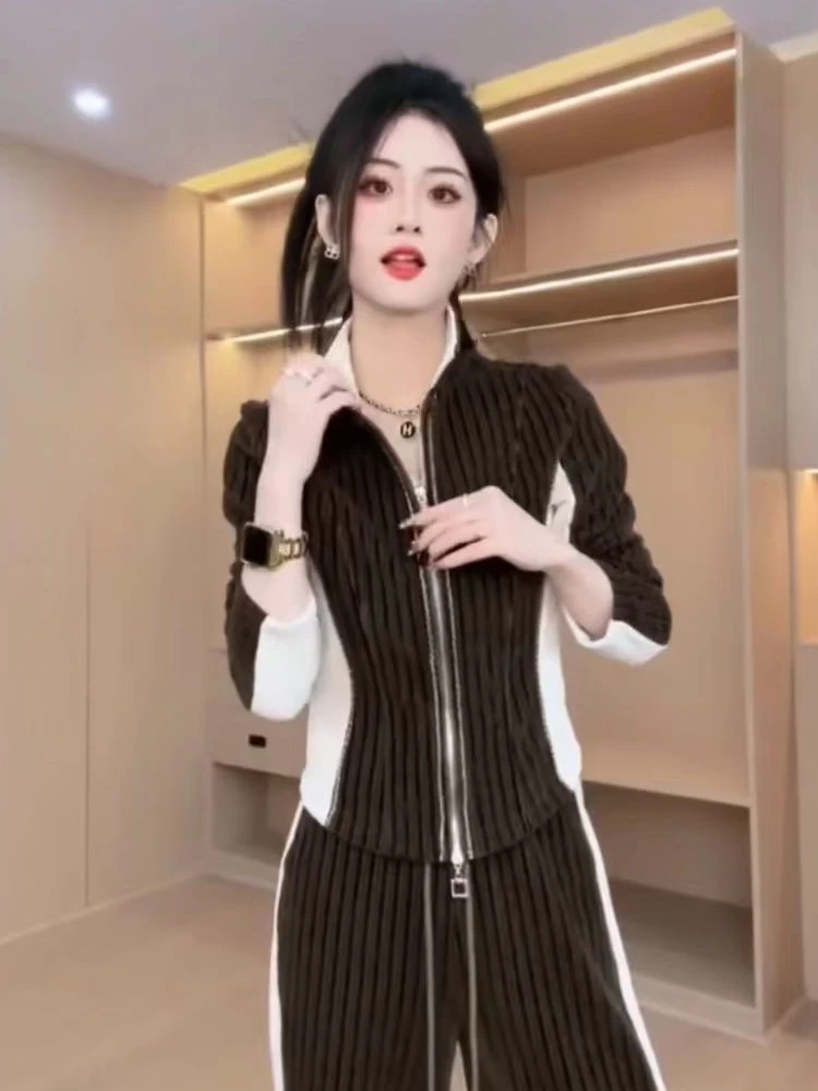 Casual Sports Wide-Leg Pants Suit Spring Autumn Stand Collar Zipper Long-Sleeved Top and Pants 2 Piece Sets Womens Outfits