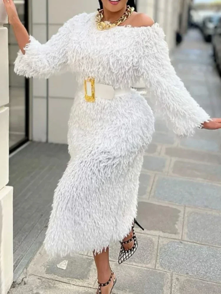 Women White Fur Dresses 3/4 Sleeves Tassel Elegant Fluffy Midi Dress with Belt Fall Winter Luxury Party Club Night Gowns