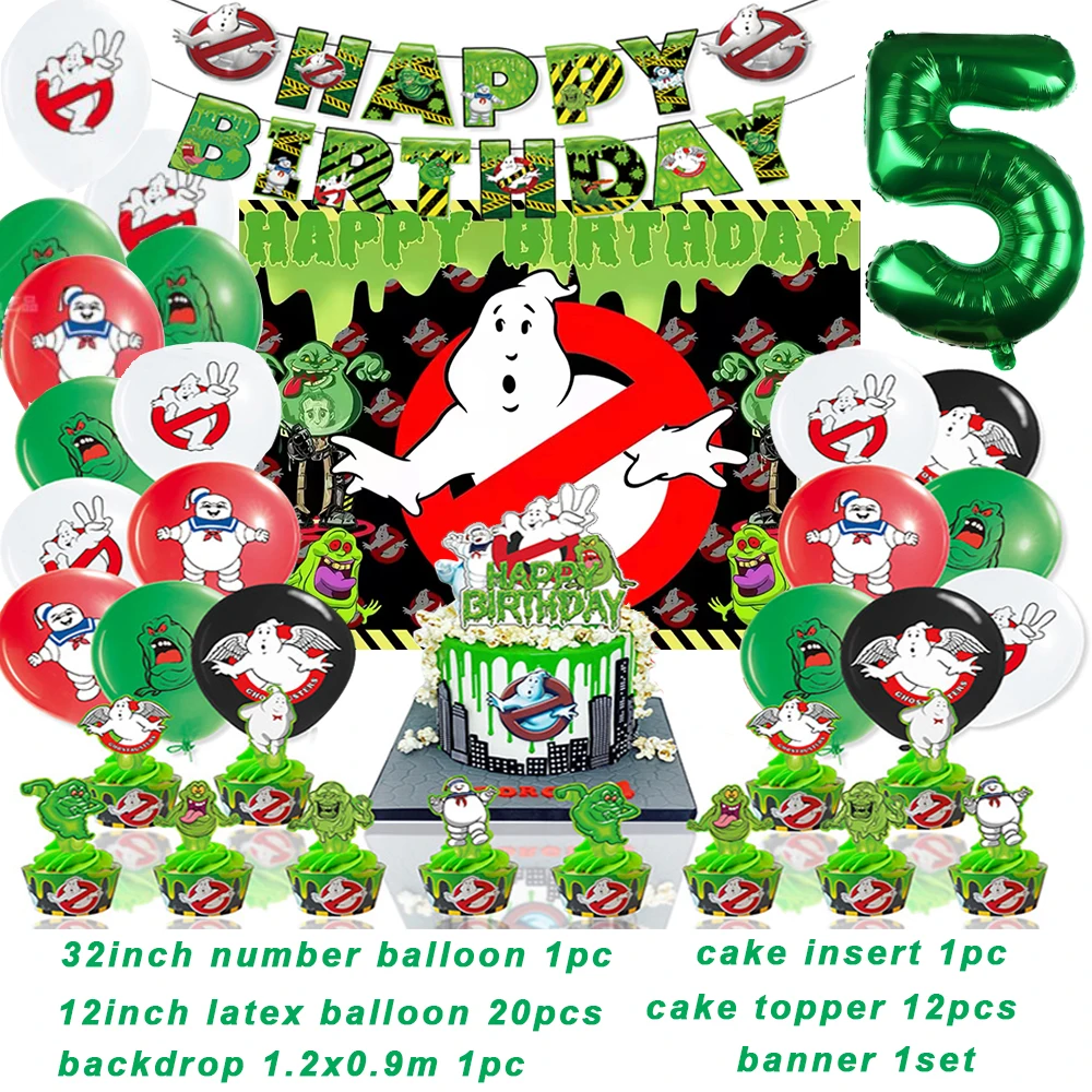 Cartoon Ghostbusters Thema Geburtstags feier liefert Jungen grünen Geist Ballon Banner Hintergrund Kuchen Topper Kinder Baby Dusche Geschenk – Detail 17