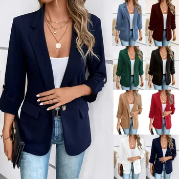 New Women's Blazers Long-sleeved Cardigan Single Button Simple Office Suit Top Commuting Fashion Versatile Basic Coats 1