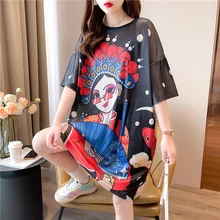 

Tide Street Vintage Oversized Summer Short Sleeve Tees Women Loose Chic Printed All-Match Mid-Length T-Shirts Lady Ins 2022 New