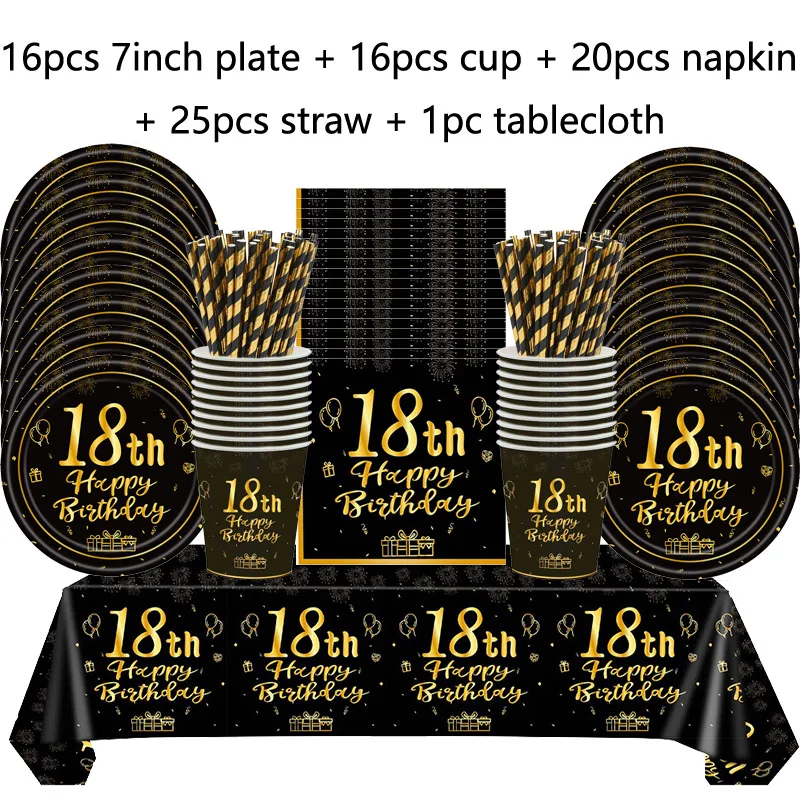 Schwarz-goldenes Geburtstagsparty-Dekorationsset mit Papptellern, Bechern, Servietten, Tischdecken und Einweggeschirr für die 18. Geburtstagsfeier – Detail 2