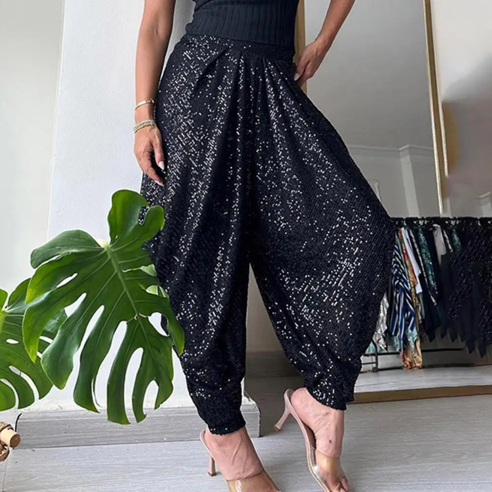 Sequin Dinner Party Trousers Elastic Waist Glitter Lantern Pants for Women Wide Leg Solid Color Trousers for Party for Spring