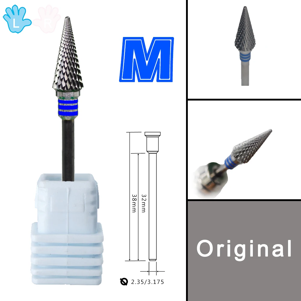 RolinStar Original Carbide Left Handed Person Flame Large Cone milling cutters removel gel polish varnish Nail Drill Bit 4