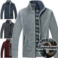 Thickened Fleece Lined Casual Loose Knitted Sweater Coat for Men Winter Warm Long Sleeve Stand Collar Polyester Fiber Outerwear