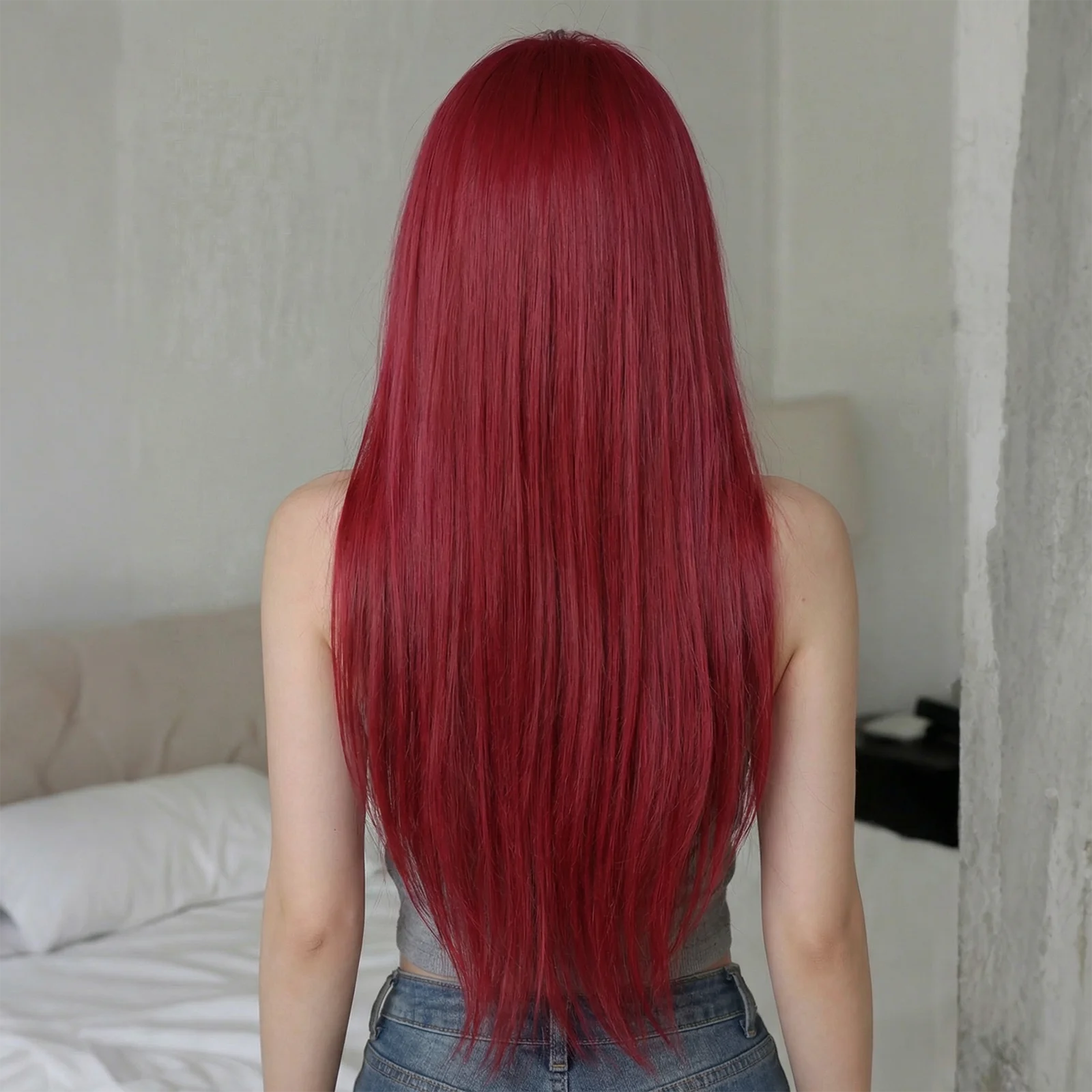 여성용 긴 스트레이트 버건디 레드 가발 앞머리 포함 자연스럽고 생동감 넘치는 레드 합성 헤어 내열성 섬유 데일리 웨어 코스프레