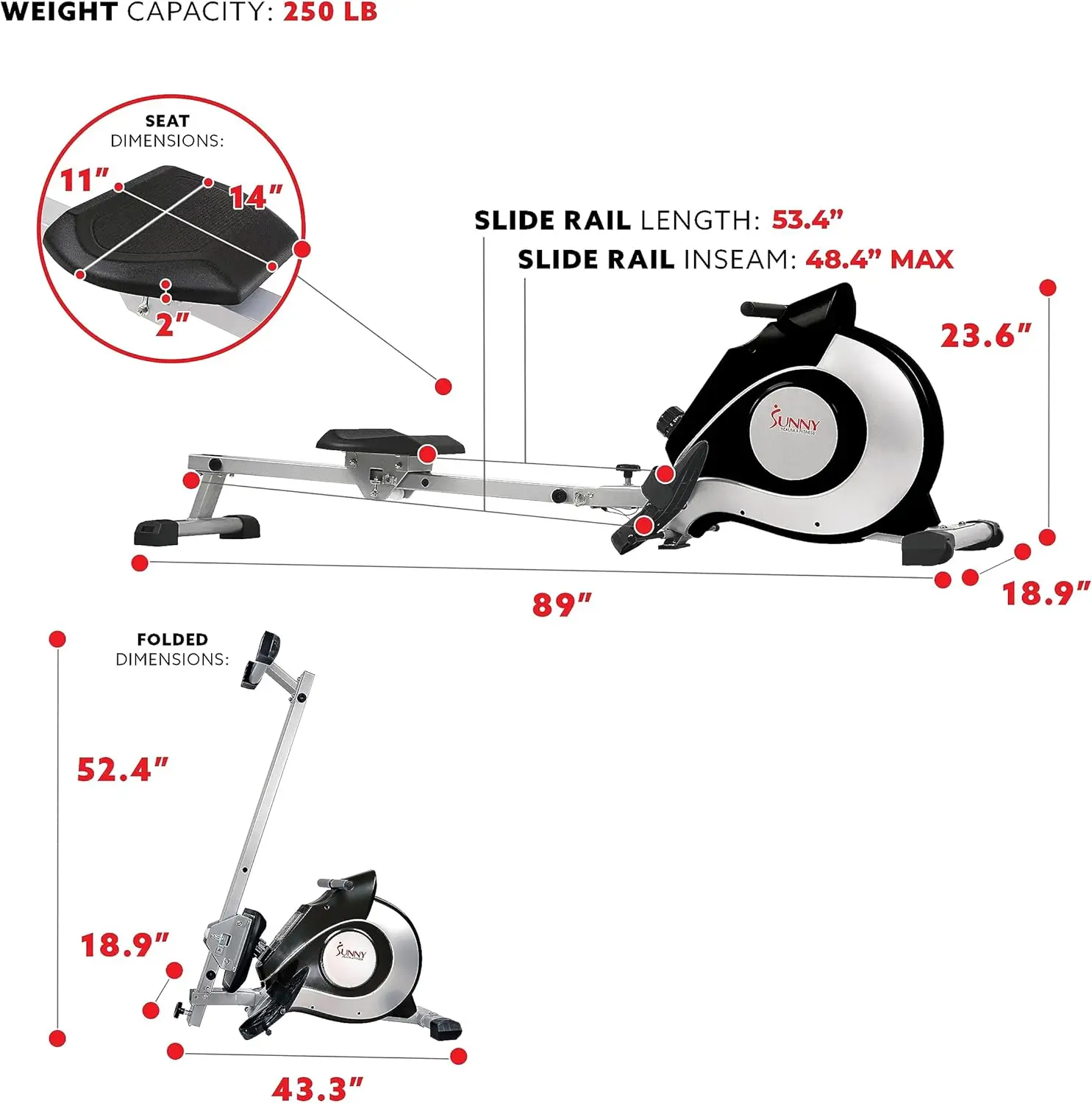 Fitness Magnetic Rowing Machine with 53.4" Extended Slide Rail, Full-Body Workout, Low-Impact, Ergonomic Full Mot