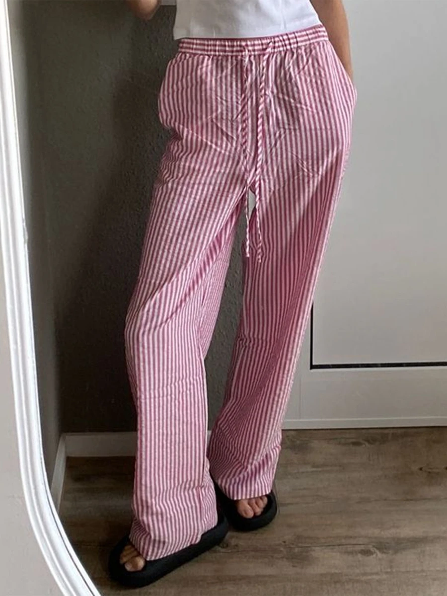 

Women Y2K Striped Long Pants Drawstring High Waist Wide Leg Trouser Casual Relaxed Fit Straight Lounge Pants