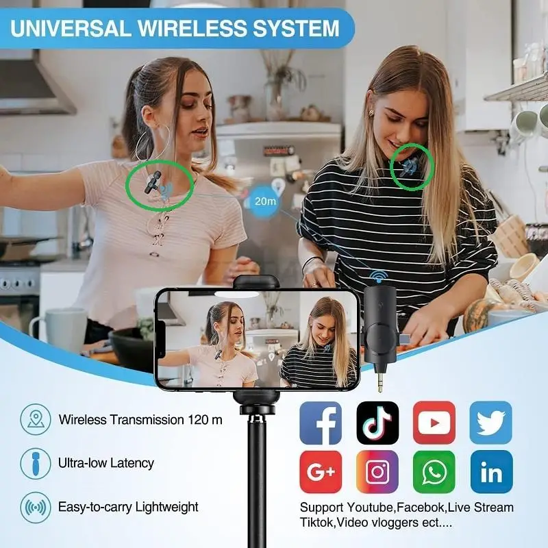 3.5mm Wireless Lavalier Lapel Microphone for iPhone Android Phone/Camera/Computer-Cordless Dual Mics for Video Recording